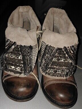 Zigi Girl Women's Embellished Brown Leather and Beige Suede Ankle Boots